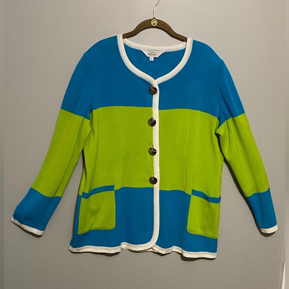 Exclusively Misook Blue Green White Colorblock Cardigan Sweater Size XL